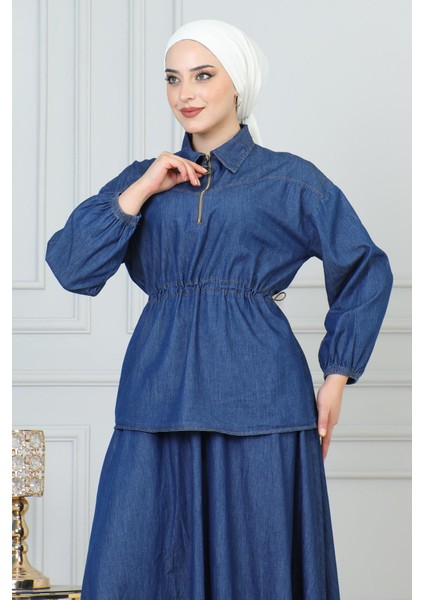 Beli Bağcık Detaylı Etekli Kot Takım Koyu Mavi 19198 fiyatları