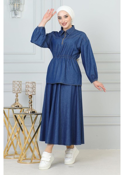 Beli Bağcık Detaylı Etekli Kot Takım Koyu Mavi 19198 modelleri