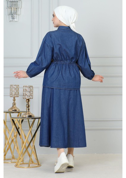 Beli Bağcık Detaylı Etekli Kot Takım Koyu Mavi 19198 fırsatları