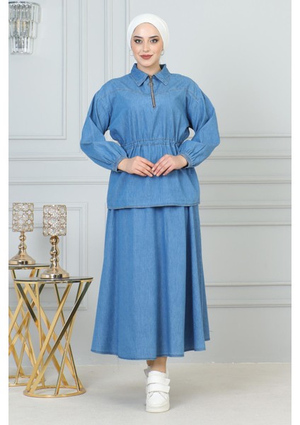 Missvalle Beli Bağcık Detaylı Etekli Kot Takım Açık Mavi 19198