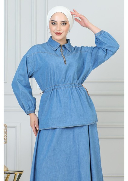 Missvalle Beli Bağcık Detaylı Etekli Kot Takım Açık Mavi 19198 fiyatları