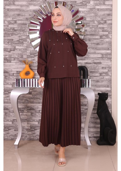 Missvalle Inci ve Taş Detaylı Takım Kahverengi 19135