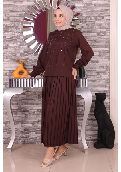 Missvalle Inci ve Taş Detaylı Takım Kahverengi 19135 modelleri