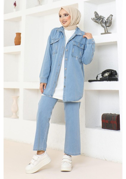 Missvalle Cepli Taş Detaylı Kot Takım Açık Mavi 19207