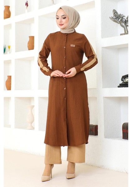 Moda Mihram Arma Detaylı Düğmeli Takım Kahverengi 19194 modelleri