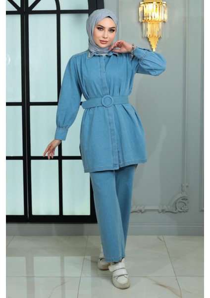 Missvalle Yakası ve Omuzu Taşlı Kot Takım Açık Mavi 19186