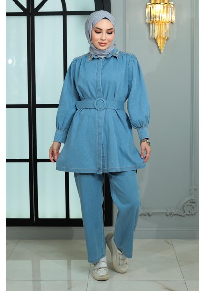 Missvalle Yakası ve Omuzu Taşlı Kot Takım Açık Mavi 19186 modelleri