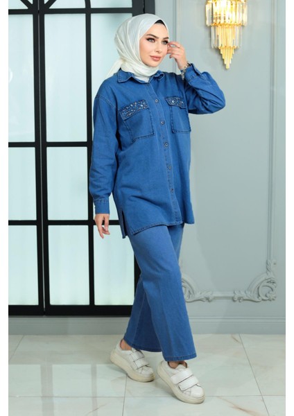 Missvalle Düğmeli Taş Detaylı Kot Takım Mavi 19285