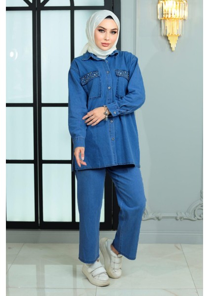 Missvalle Düğmeli Taş Detaylı Kot Takım Mavi 19285 modelleri