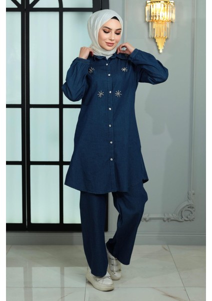 Missvalle Düğmeli Taş Detaylı Kot Takım Koyu Mavi 19149
