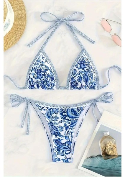 Desenli Mavi Üçgen Bikini Seti