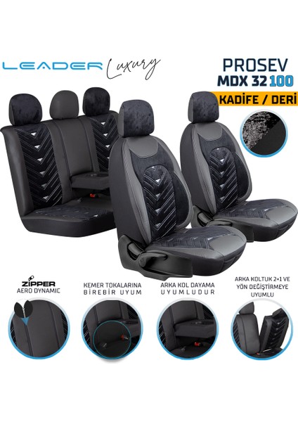 chevrolet Kalos Lüx Oto Koltuk Kılıfı Ön Arka Takım Deri Kadife Detaylı Prosev Siyah Gri