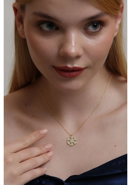 Zirkon Taşlı Kar Tanesi Gümüş Kadın Kolye, 925 Ayar, Hediye Paketli