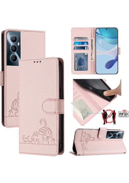 Realme C65 4g Kart Yuvası Tutucu Için Kılıf Kickstand Cüzdan Kapak Çevirin Kedi (Yurt Dışından)