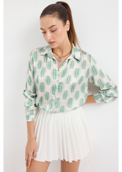 3964 Hafif Dökümlü Saten Gömlek - B. Haki