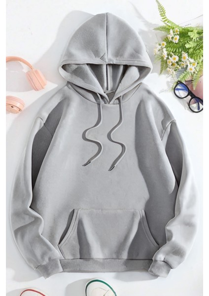 Erkek Hoodie Bol Kesim Rahat Kalıp Salaş Kanguru Cep Şardonlu Kapşonlu Basic Okul Sweatshirt