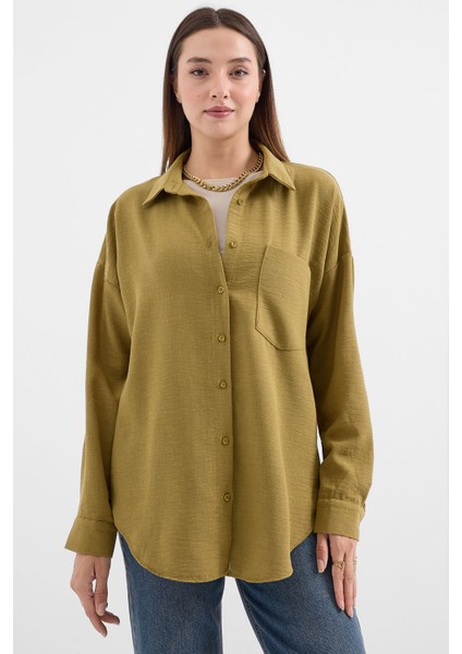20153 Tek Cepli Oversize Keten Gömlek - F. Yeşil
