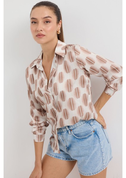 3964 Hafif Dökümlü Saten Gömlek - B.kahverengi