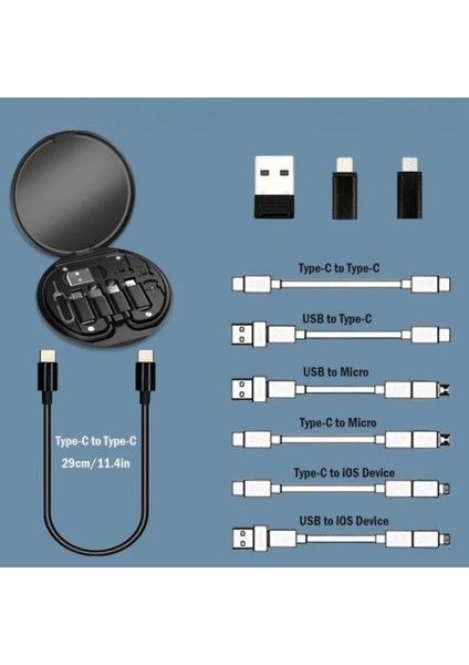 Buffer® 60W Destekli Kablo Kutusu Seyahat Kablo Seti 5'i 1 Arada USB Type-C Şarj Kablosu Seti