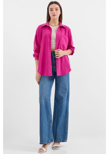 20153 Tek Cepli Oversize Keten Gömlek - Koyu Pembe