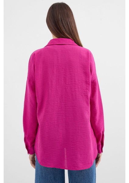 20153 Tek Cepli Oversize Keten Gömlek - Koyu Pembe