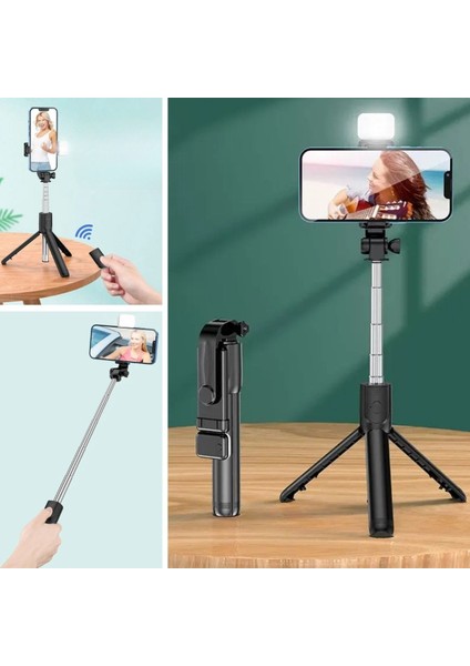 Buffer® Kendiliğinden Işıklı Masaüstü Tripod Olabilen Telefon Tutuculu Kablosuz Kumandalı Selfie Çubuğu