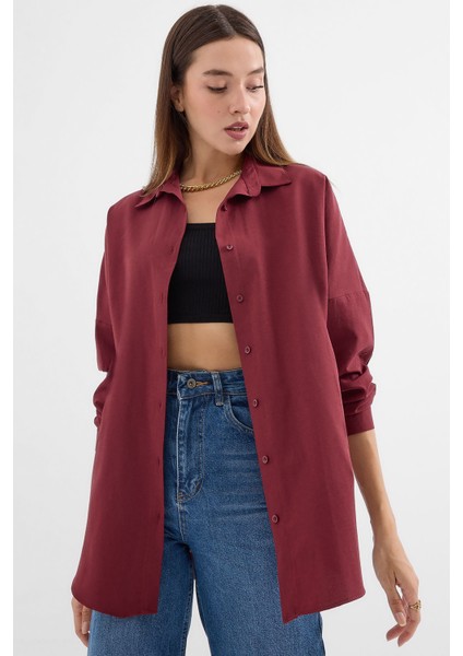 3900 Oversize Uzun Basic Gömlek - Mürdüm