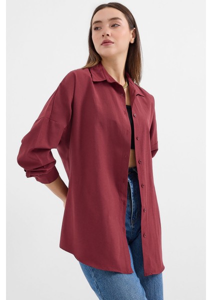 3900 Oversize Uzun Basic Gömlek - Mürdüm modelleri