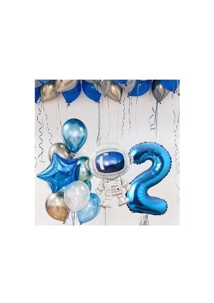 Astronot Roket Uzay Temalı 2 Yaş 100CM Mavi Rakamlı Balon Seti