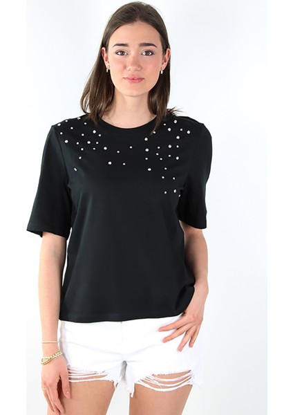 Kadın Onljulıa Bisiklet Yaka Taş Detaylı %100 Pamuk T-Shirt 15324847 Siyah