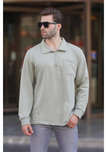 Mint Yeşili Polo Yaka Fermuarlı Uzun Kollu Erkek Sweatshirt 7057 fiyatları