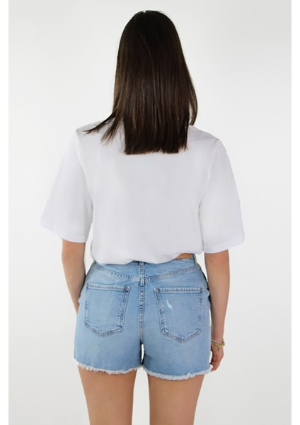 Kadın Onljulıa Bisiklet Yaka Taş Detaylı %100 Pamuk T-Shirt 15324847 Beyaz