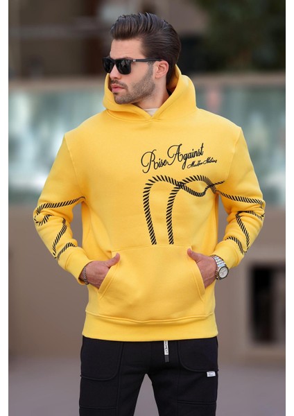 Sarı Baskılı Kapşonlu Cep Detaylı Erkek Sweatshirt 7067