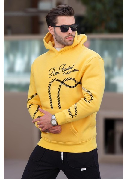 Sarı Baskılı Kapşonlu Cep Detaylı Erkek Sweatshirt 7067