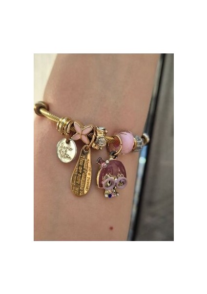 Pembe Kelebekli Charmlı Gold Bileklik Çelik Bilezik