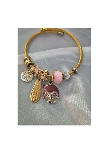 Pembe Kelebekli Charmlı Gold Bileklik Çelik Bilezik fiyatları