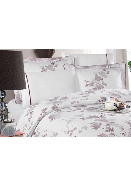 Florentina V.2 %100 Pamuk Saten King Size (XL/Battal) Nevresim Takımı - Beyaz-Mor Desen