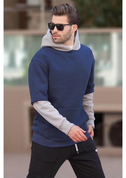 Lacivert Kapüşonlu Cep Detaylı Erkek Sweatshirt 7071