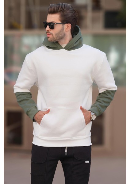 Ekru Kapüşonlu Cep Detaylı Erkek Sweatshirt 7071