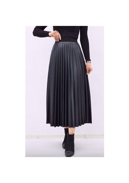 Kadın Siyah Deri Görünümlü Piliseli Etek 4934