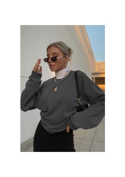 Ob Kadın Füme Uzun Kollu Sweatshirt Bisiklet Yaka Oversize Basic