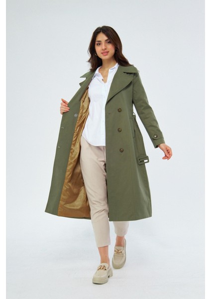 %100 Pamuk Ekstra Uzun (120CM) Kruvaze Kadın Trençkot 1121
