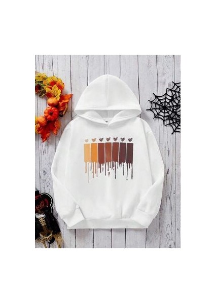 Kız Çocuk Beyaz Kahverengi Kalpler Baskılı Sweatshirt