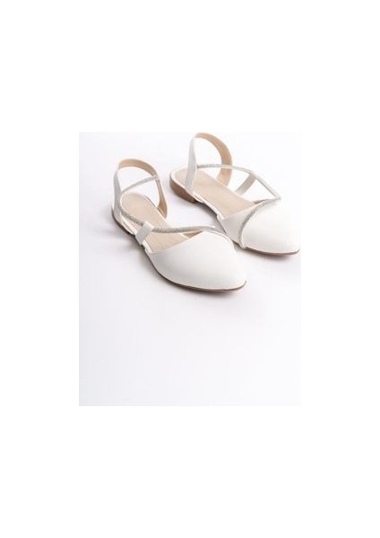 Aubrey Lastikli Rahat Taban Taş Detaylı Kadın Babet Ayakkabı Kt Beyaz