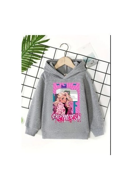 Kız Çocuk Gri Kapüşonlu Princess Baskılı Sweatshirt