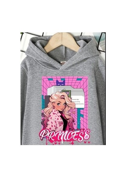 Kız Çocuk Gri Kapüşonlu Princess Baskılı Sweatshirt