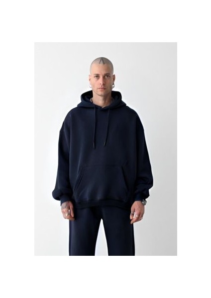 Erkek Lacivert Oversize 3 Iplik Sweatshirt Hoodie