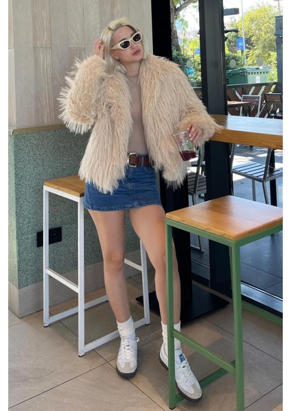 Bej Şal Yaka Kadın Suni Kürk Mont MG2169