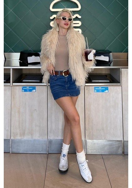 Bej Şal Yaka Kadın Suni Kürk Mont MG2169 fırsatları