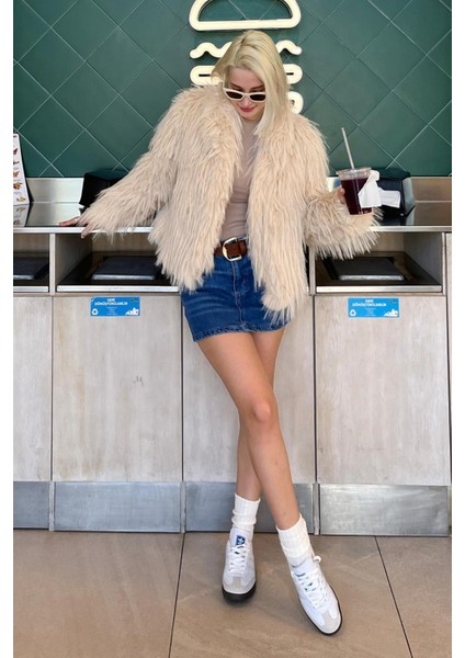 Bej Şal Yaka Kadın Suni Kürk Mont MG2169 indirimleri